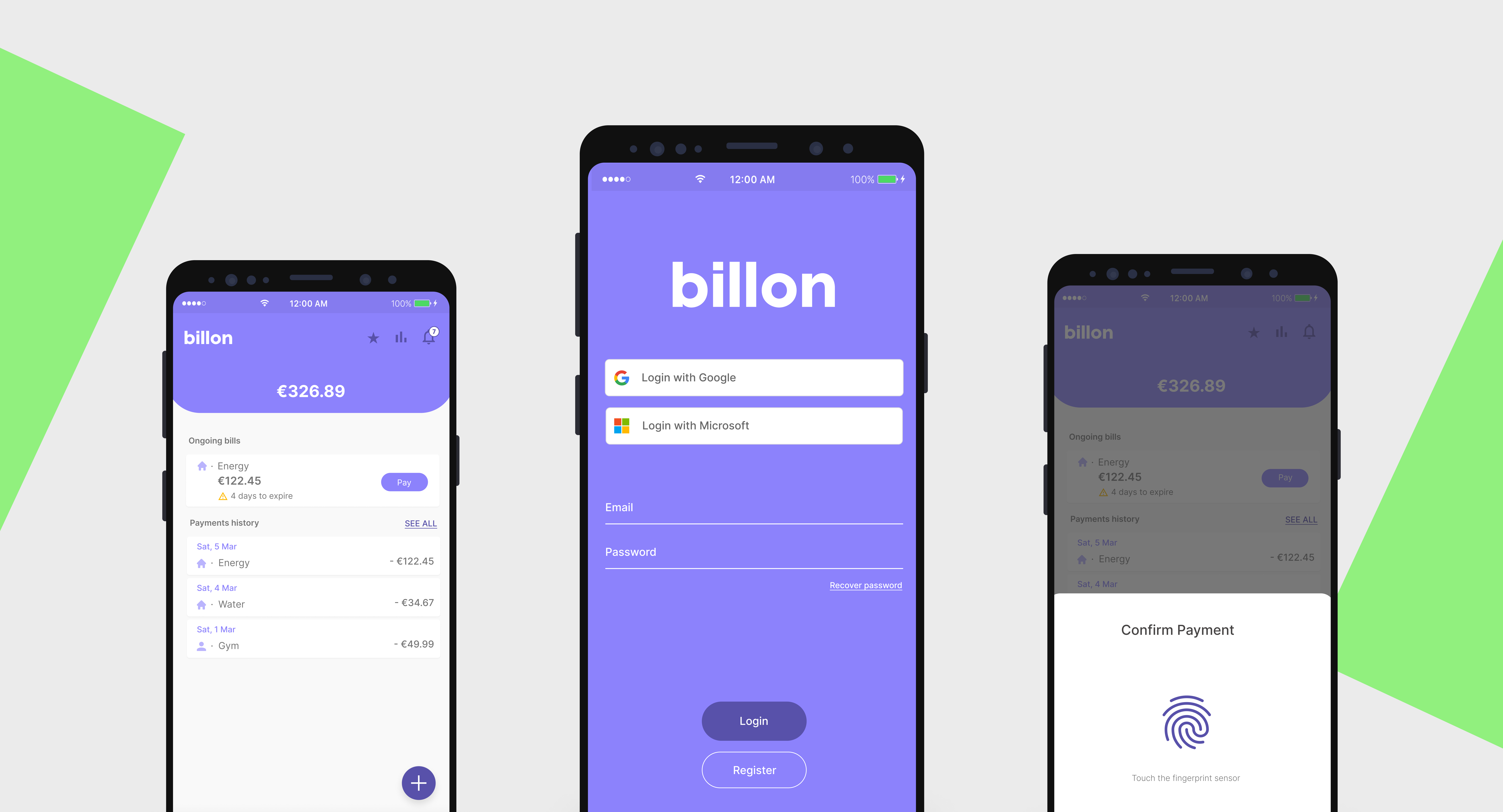 Three screens of the Billon app